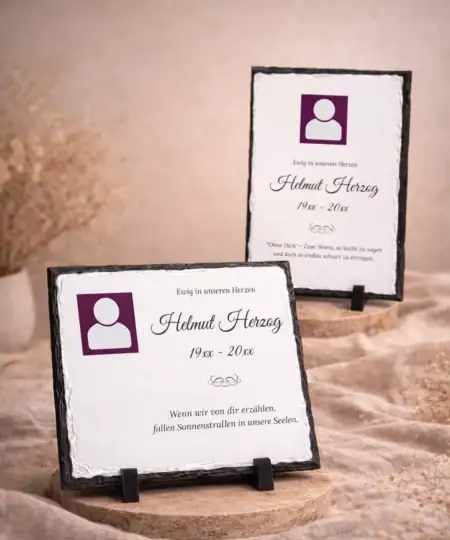 Personalisierte Gedenktafel aus Schiefer mit Foto, Namen und Lebensdaten – Erinnerungstafel für Verstorbene