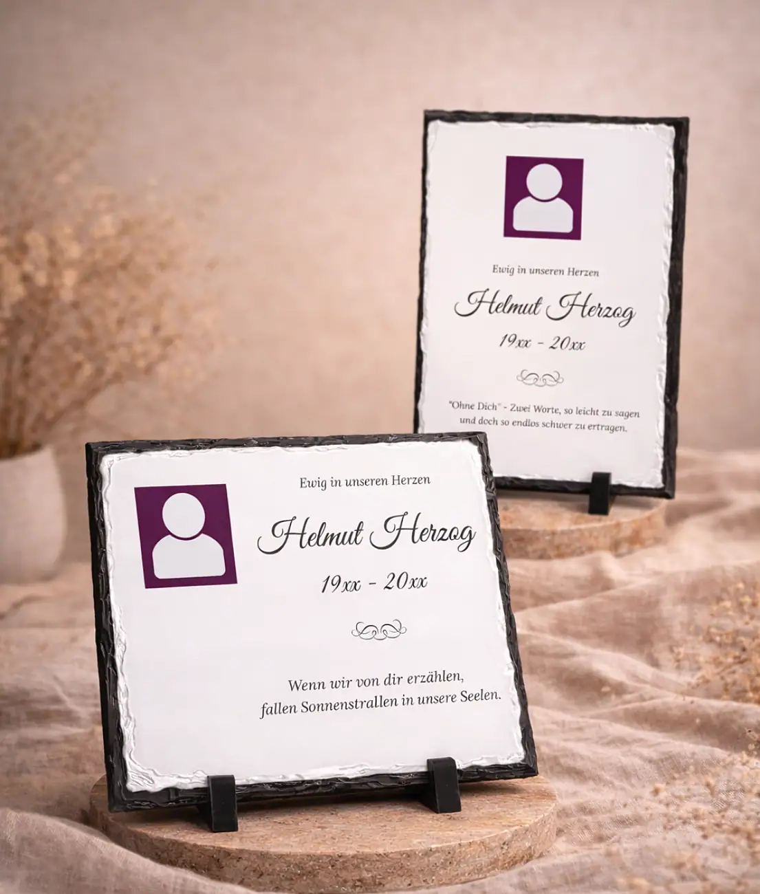 Personalisierte Gedenktafel aus Schiefer mit Foto, Namen und Lebensdaten – Erinnerungstafel für Verstorbene