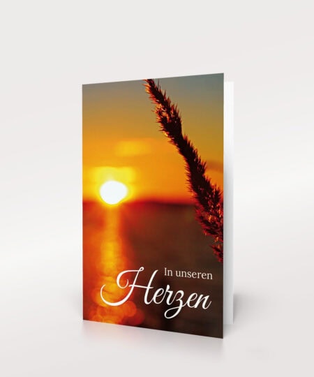 Sterbebild mit Sonnenuntergang und Gräser-Design, passend für Erinnerung und Gedenken.