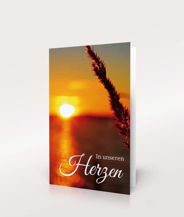 Sterbebild mit Sonnenuntergang und Gräser-Design, passend für Erinnerung und Gedenken.