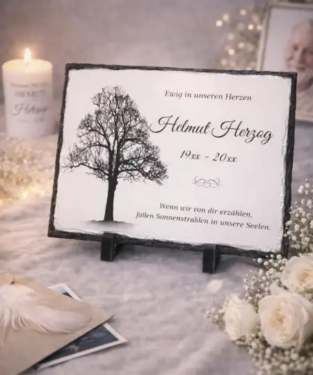 Trauerkarte mit Baum und Kerze für Trauerfeier, Gedenkkarte.
