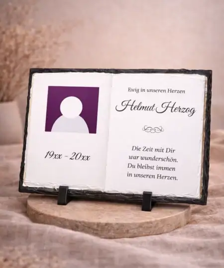Personalisierte Schiefer Gedenktafel in Buchform mit Foto, Namen und Erinnerungsspruch