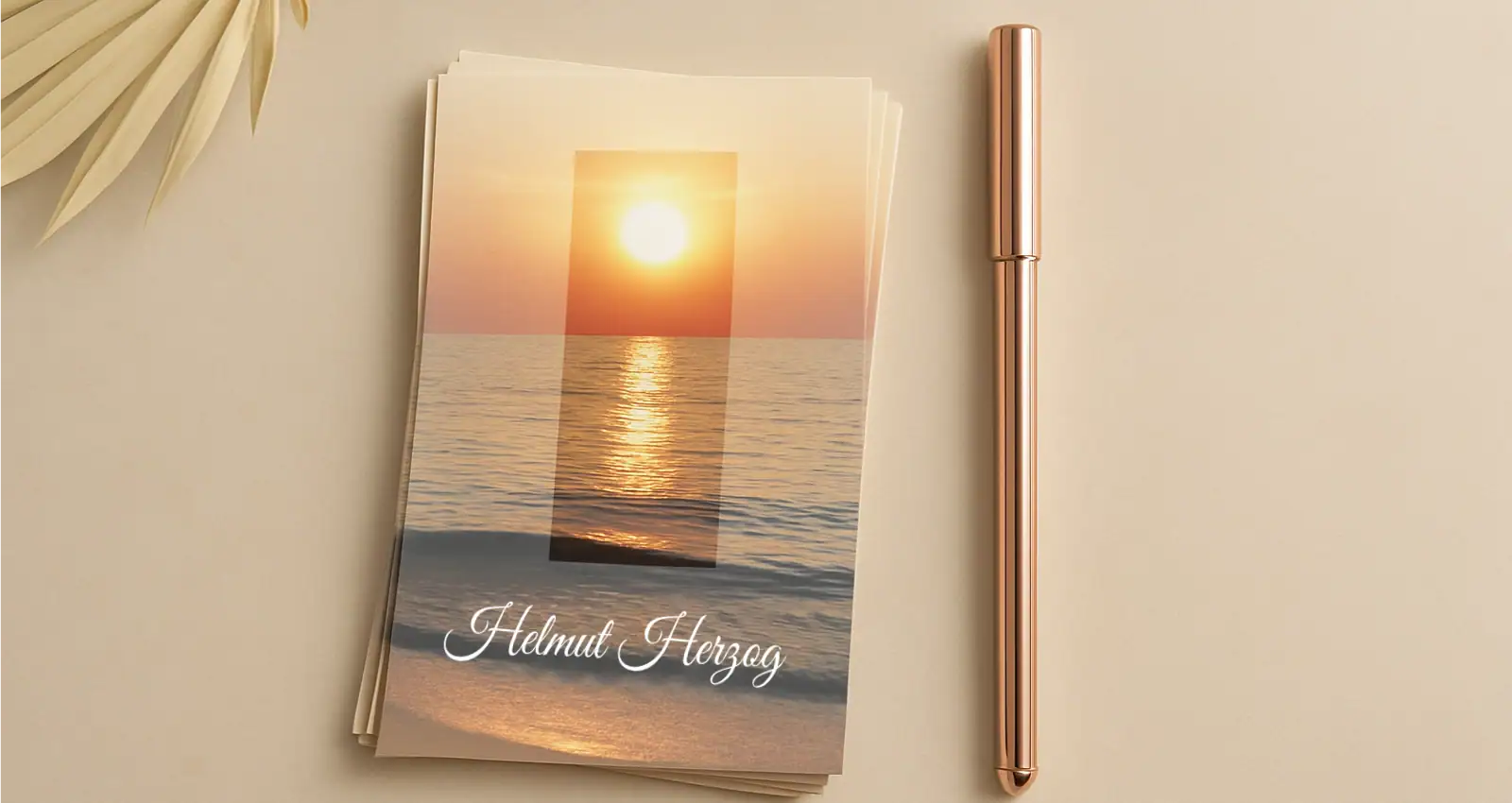 Trauerkarte mit Sonnenuntergangsbild und Name Helmut Herzog, persönliche Abschiedskarte, Gedenkkarte für Trauer, stilvolle Kondolenzkarte, hochwertige Trauerkarte.