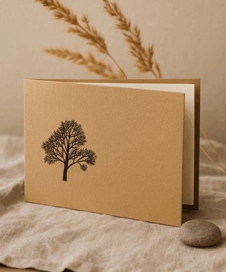 Produktabbildung Trauerkarte Quer mit geprägtem Baum und Naturpapier