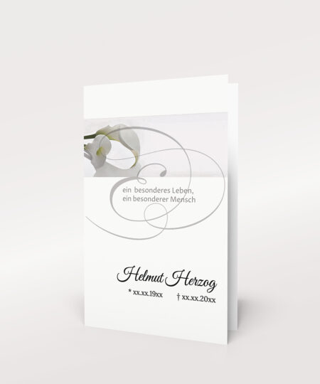 Trauerkarte mit weißen Blumen und eleganten Linien, Gedenkbild für Verstorbene.