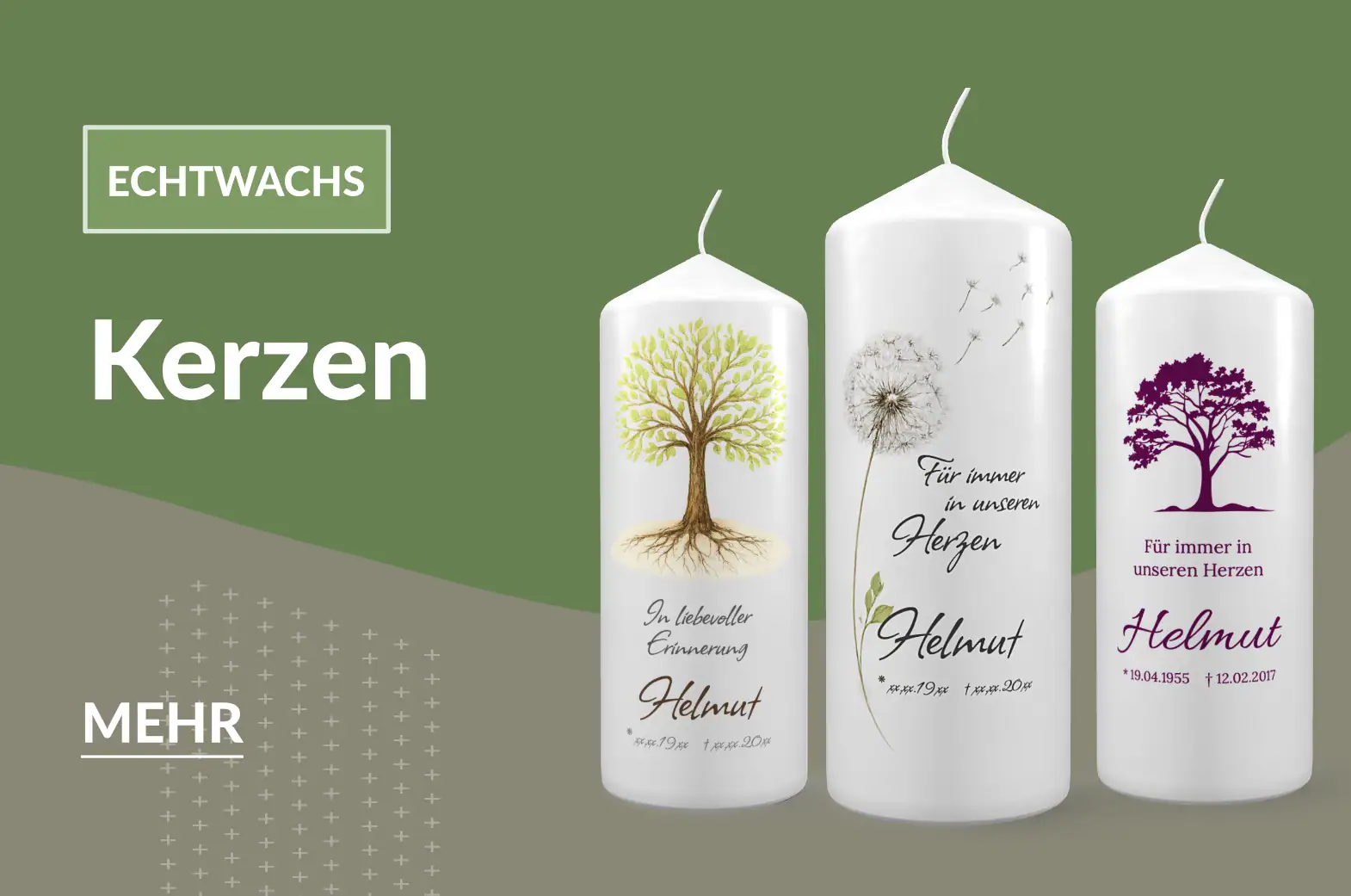 Trauerkerzen mit Naturmotiven und persönlichen Botschaften für Abschied und Erinnerung.