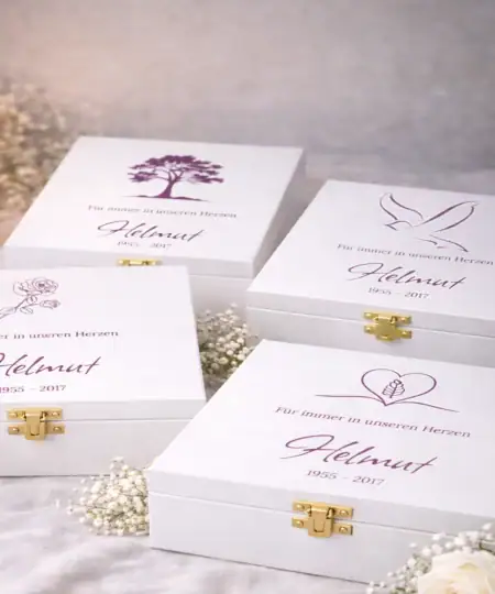 Personalisierte Erinnerungsbox aus Holz sowie individueller Gravur zur Aufbewahrung persönlicher Erinnerungsstücke
