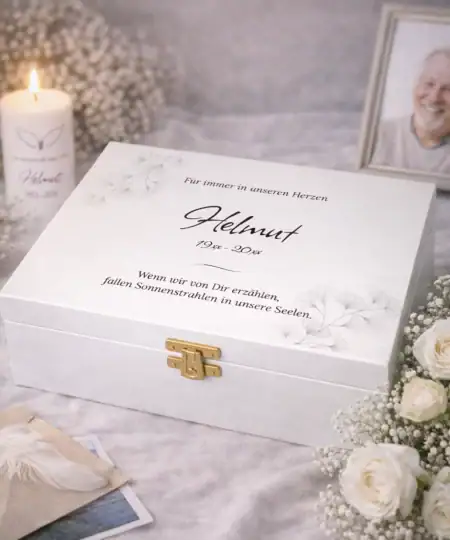 Weiße personalisierte Erinnerungsbox aus Holz mit Gingko-Motiv und Gravur „Für immer in unseren Herzen“ als Trauerbox für Erinnerungsstücke