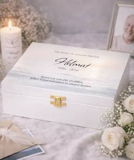 Personalisierte Erinnerungsbox aus Holz mit Sonnenuntergang Motiv und Gravur „Für immer in unseren Herzen“ als Trauerbox für persönliche Erinnerungsstücke