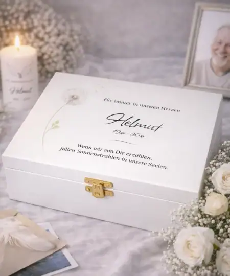 Erinnerungsbox „Pusteblume“ für liebevolle Erinnerungen an Verstorbene.