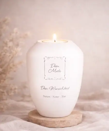 Personalisiertes Gedenklicht aus Bio-Lehmkeramik mit brennendem Teelicht und Wunschtext