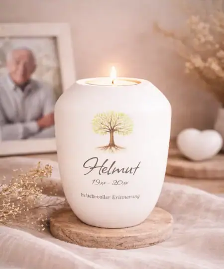 Personalisiertes Gedenklicht mit Lebensbaum Motiv und brennendem Teelicht – Erinnerungskerze mit Namen