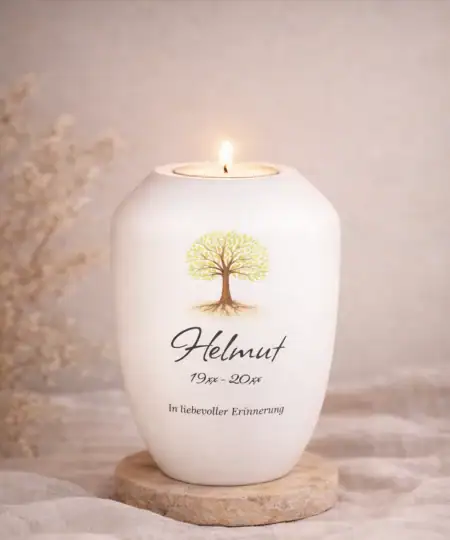 Personalisiertes Gedenklicht mit Lebensbaum Motiv und brennendem Teelicht – Erinnerungskerze mit Namen