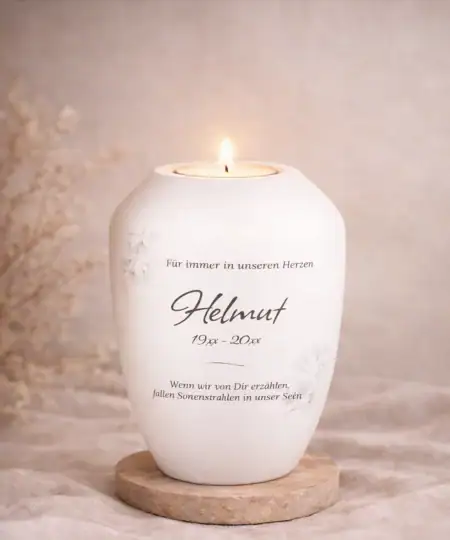 Personalisiertes Gedenklicht mit brennendem Teelicht und floraler Verzierung – Erinnerungskerze mit Namen