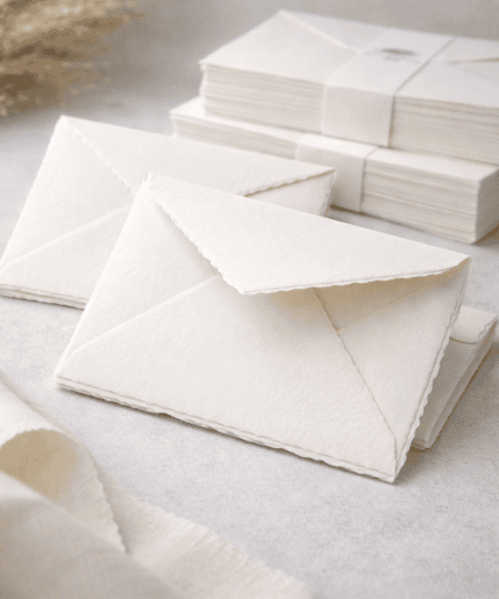 Umschläge aus handgeschöpftem Büttenpapier in Creme mit unregelmäßigen Büttenrändern auf hellem schiefergrauem Hintergrund