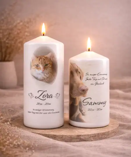 Personalisierte Tier Gedenkkerzen für Hund und Katze mit Foto und Namen – brennende Erinnerungskerzen für Haustiere