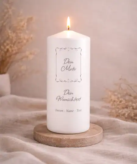 Personalisierte Trauerkerze zum Selbstgestalten mit Platz für Wunschtext, Motiv, Name und Datum