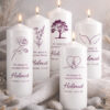 Personalisierte Trauerkerzen mit verschiedenen Motiven wie Rose, Baum, Engelsflügel, Herz und Blumen