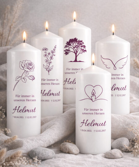 Personalisierte Trauerkerzen mit verschiedenen Motiven wie Rose, Baum, Engelsflügel, Herz und Blumen