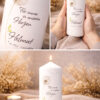 Produktbilder einer personalisierten Trauerkerze mit Pusteblumenmotiv und Spruch „Für immer in unseren Herzen“ mit Name