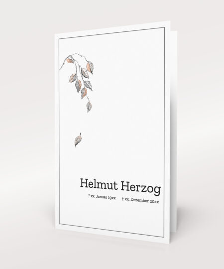 Trauerkarte Hochformat mit fallendem Blatt in filigraner Illustration