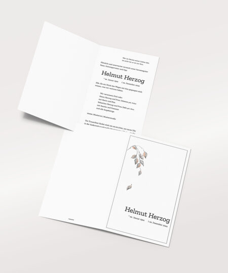 Trauerkarte Hochformat mit fallendem Blatt in filigraner Illustration